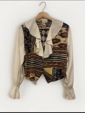 Vintage Cream Ruffle-Collar Blouse with Multi-Pattern Front